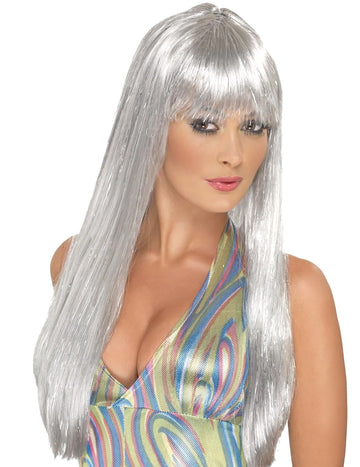 Dlhá strieborná parochňa pre ženy s leskom a ofinou