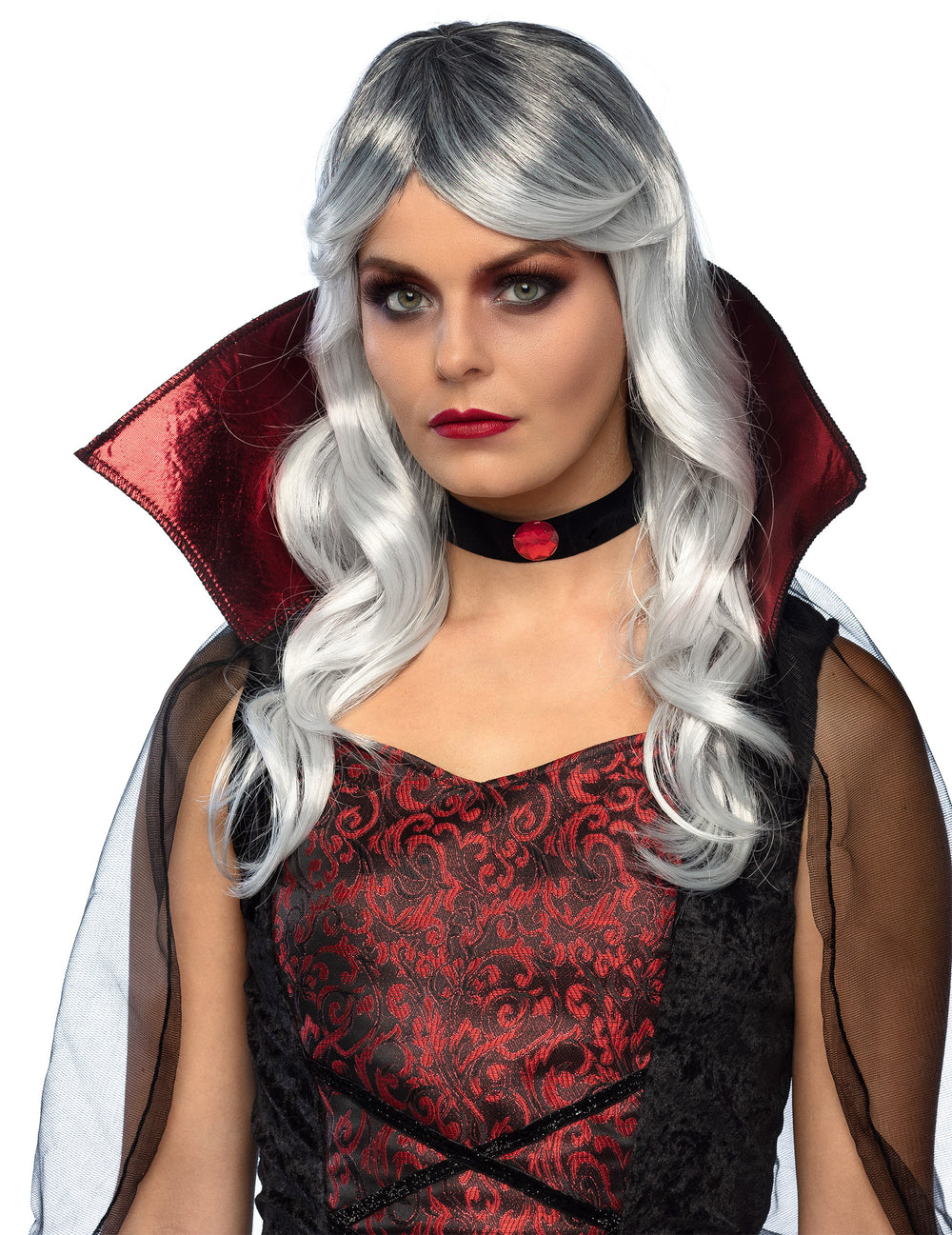 Perruque longue Halloween pour adulte blanche et grise ondulée