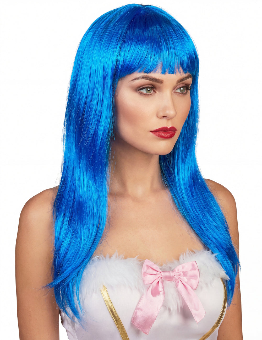 Perruque longue à frange pour femme bleue