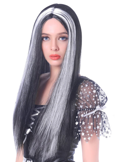 Perruque longue noire et blanche pour femme avec mèches blanches frontales