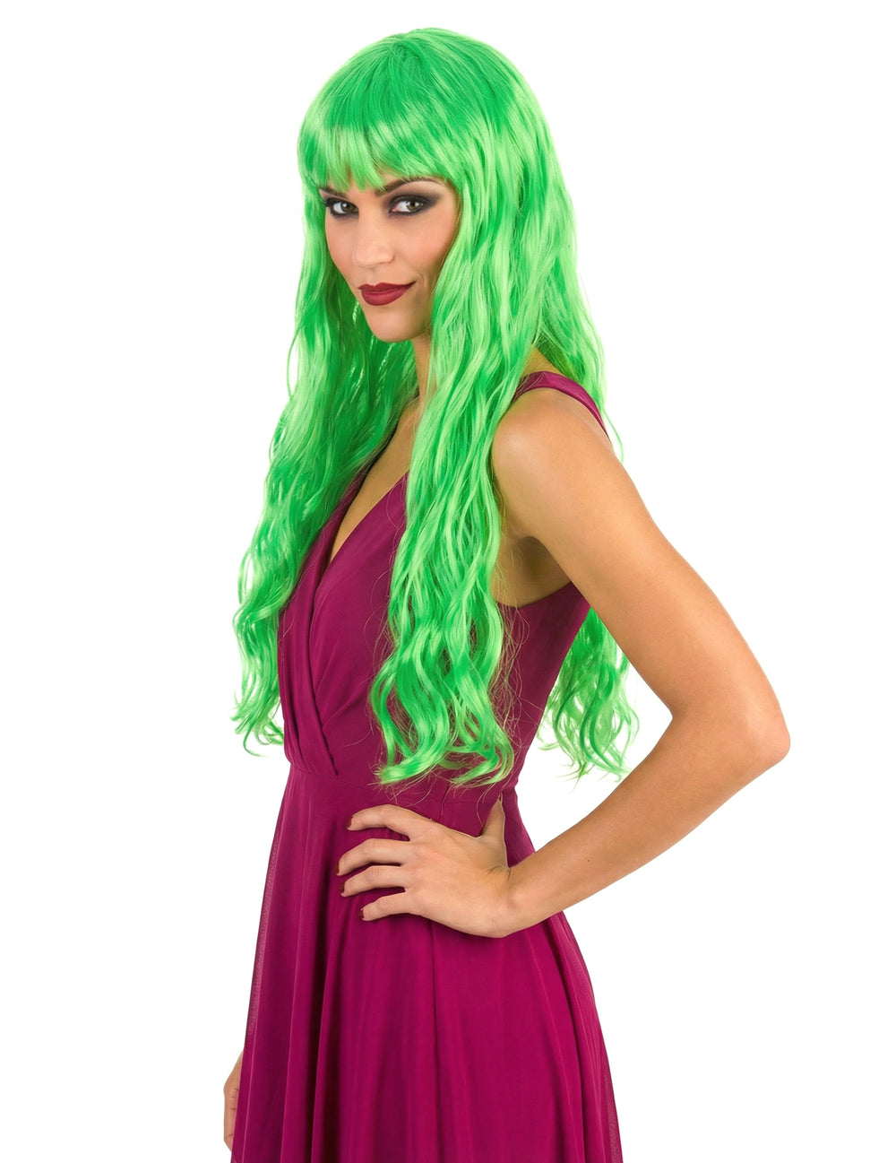 Vue de profil de la perruque longue ondulée pour femme vert fluo avec frange