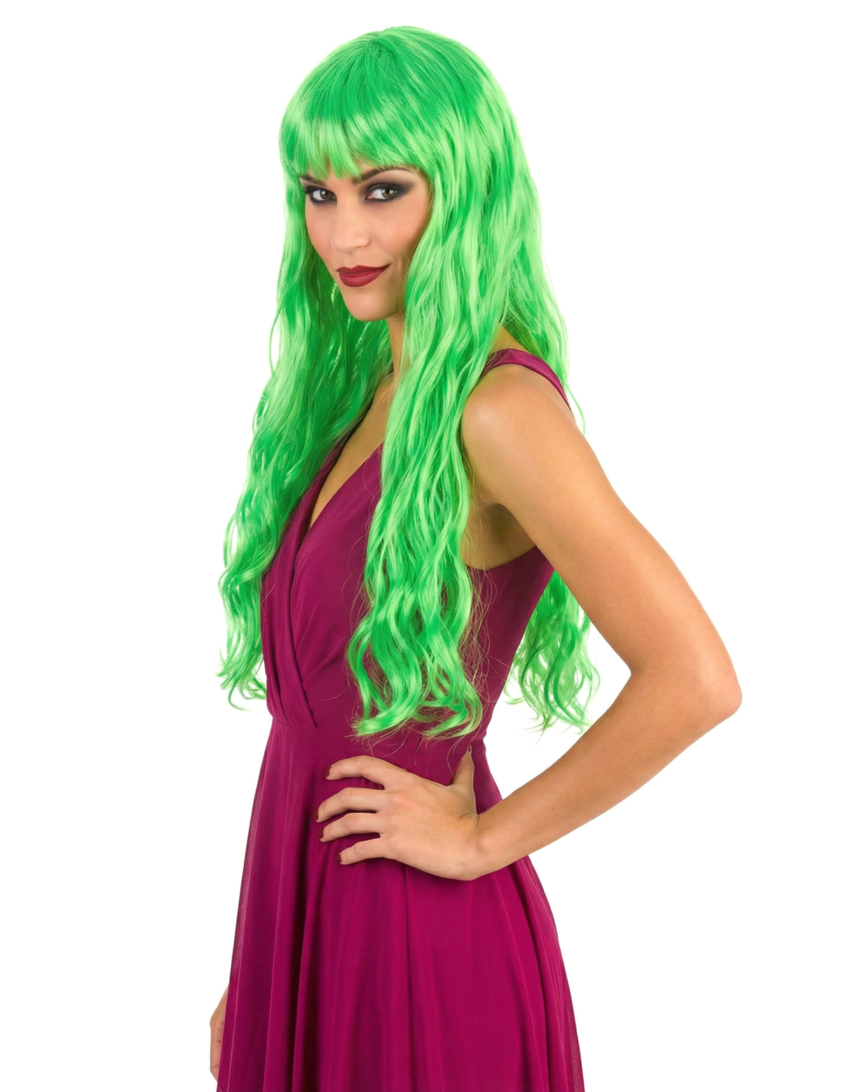 Vue de profil de la perruque longue ondulée pour femme vert fluo avec frange