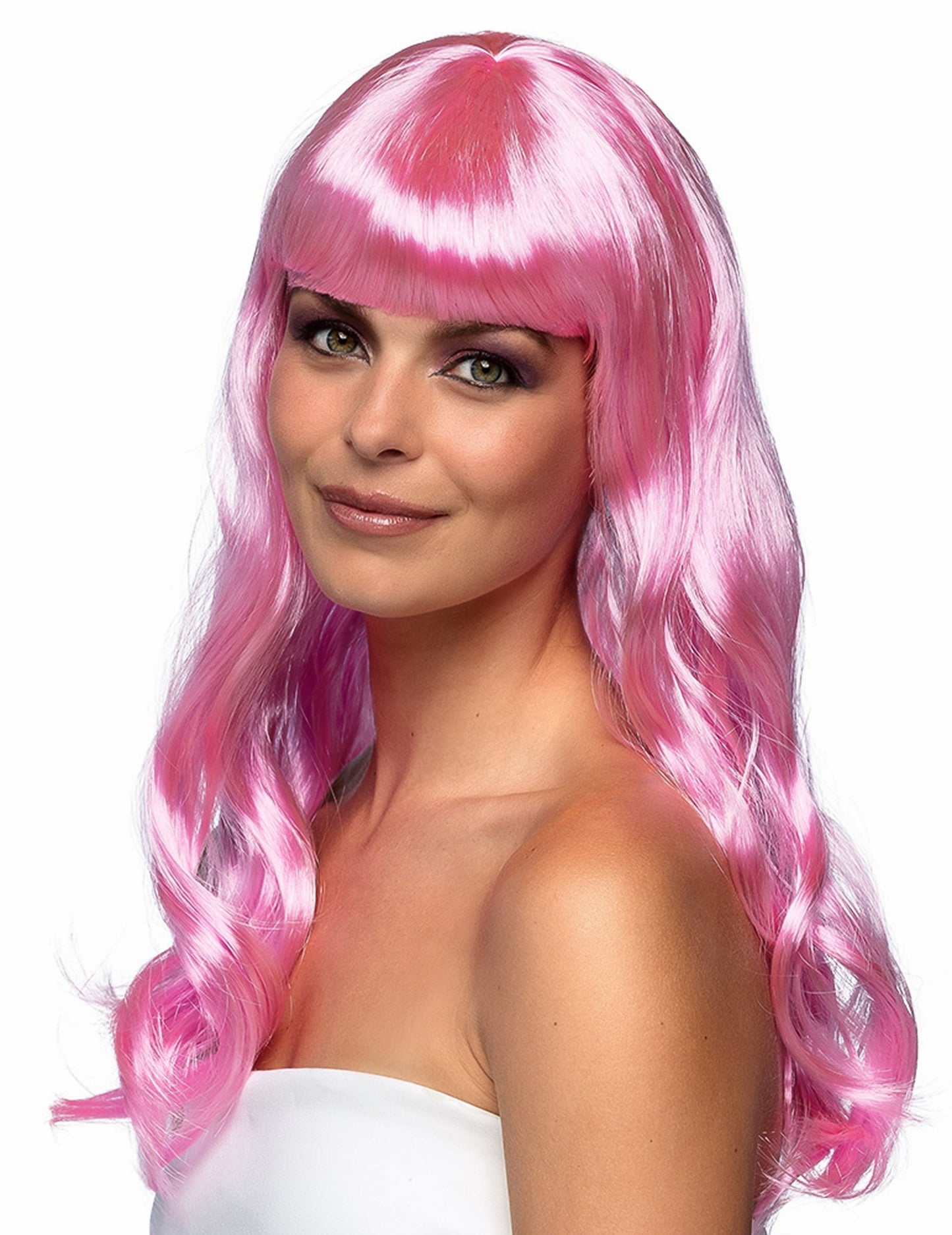 Dlhá ružová parochňa pre ženy s ofinou a vlnitými kučerami