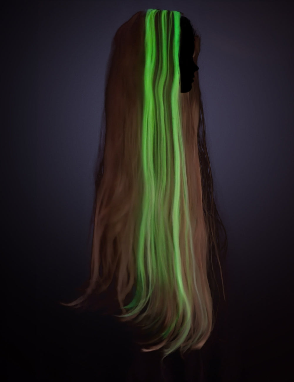 Rendu lumineux vert dans le noir de la perruque phosphorescente princesse Raiponce™