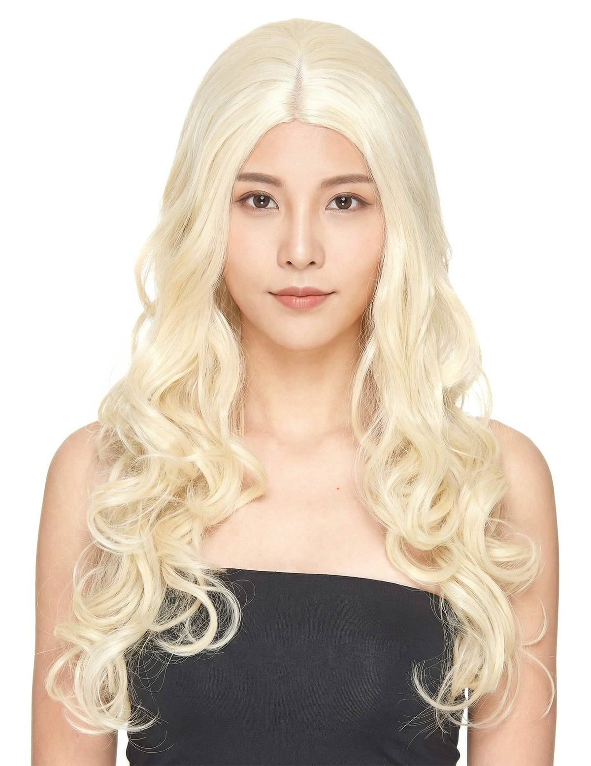 Pohľad spredu na luxusnú dlhú kučeravú blond parochňu pre ženu