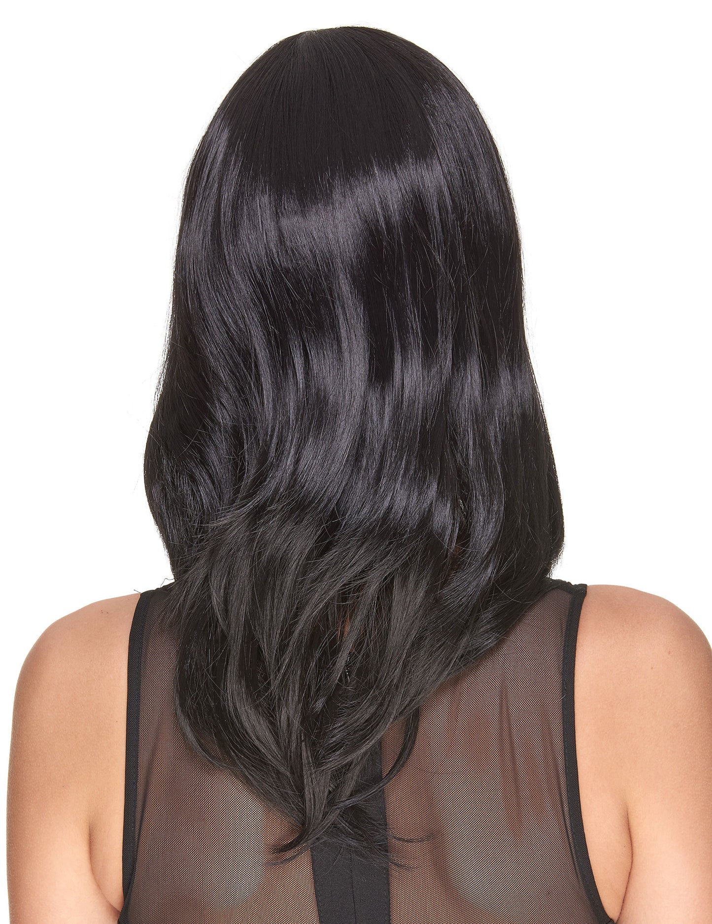 Vue de dos de la perruque luxe noire mi-longue pour femme
