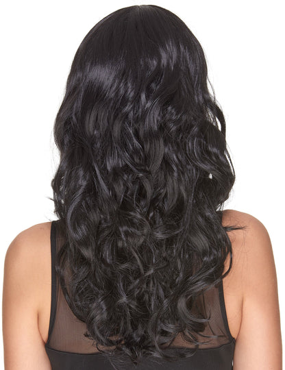 Vue de dos de la perruque luxe pour femme noire ondulée avec frange