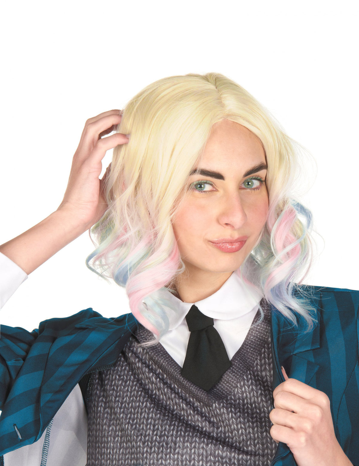 Perruque luxe ondulée pour adulte blonde à mèches bleues et roses