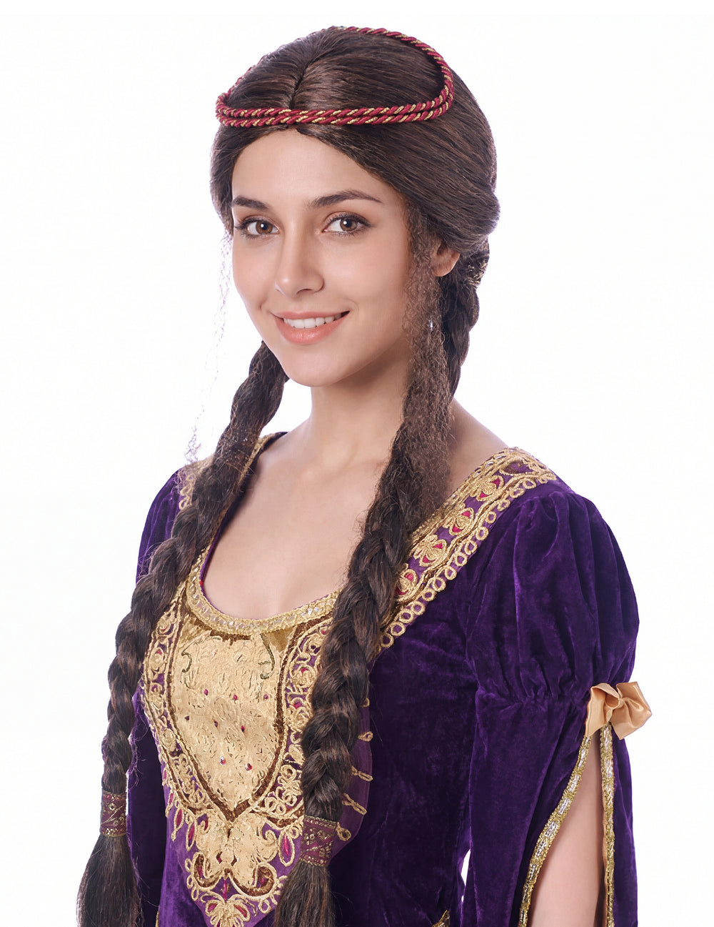 Perruque médiévale pour femme châtain avec deux tresses et bandeau rouge