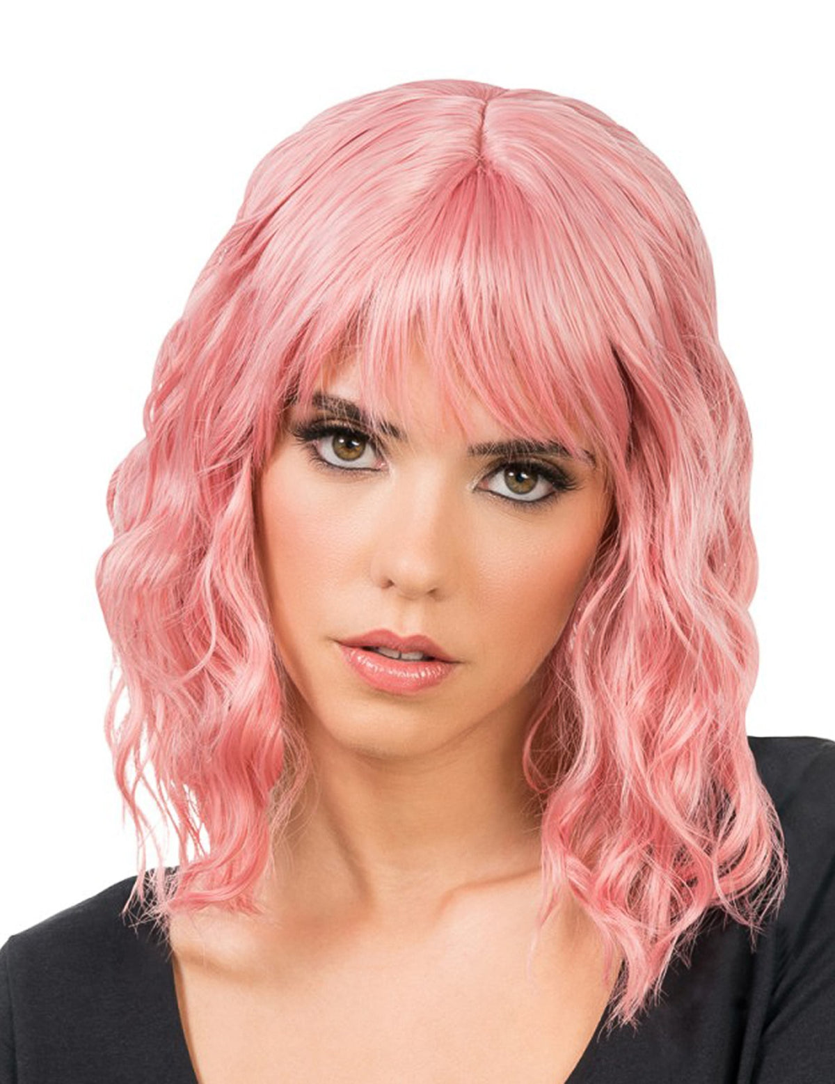 Perruque ondulée pour adulte rose pastel avec frange