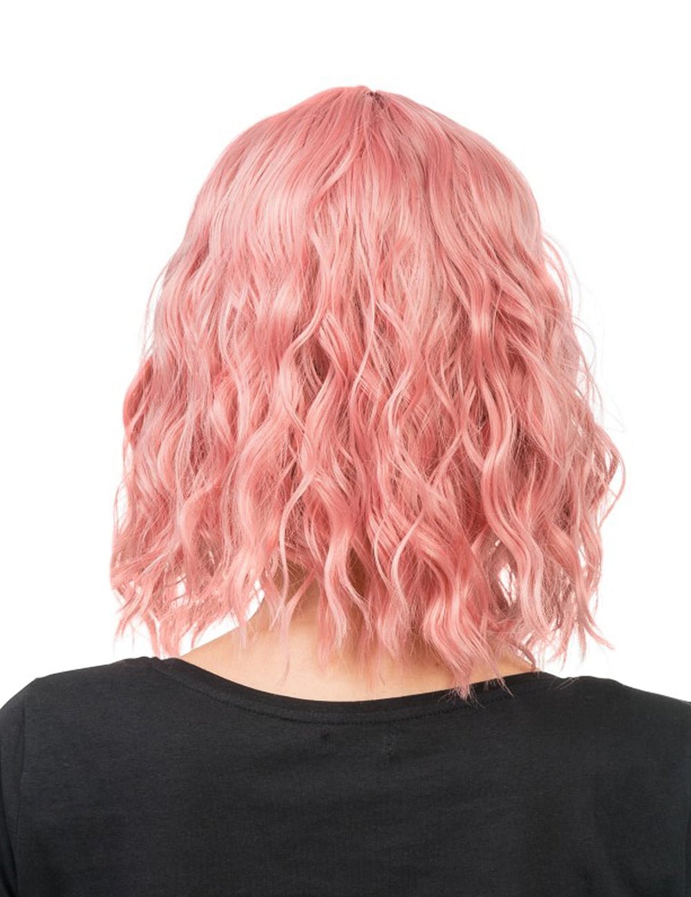 Vue de dos de la perruque ondulée pour adulte rose pastel