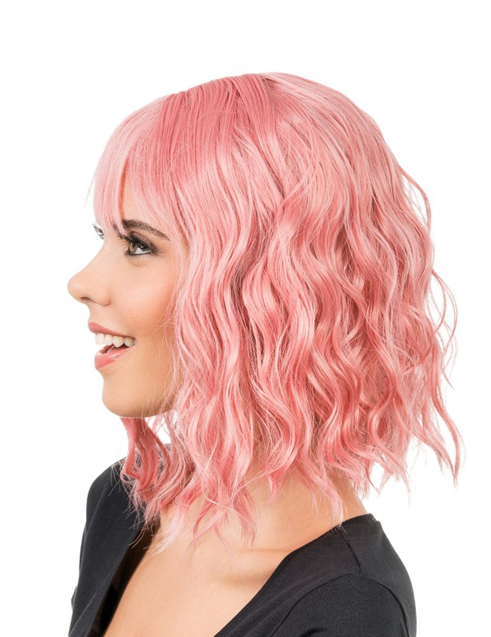 Vue de profil de la perruque ondulée pour adulte rose pastel