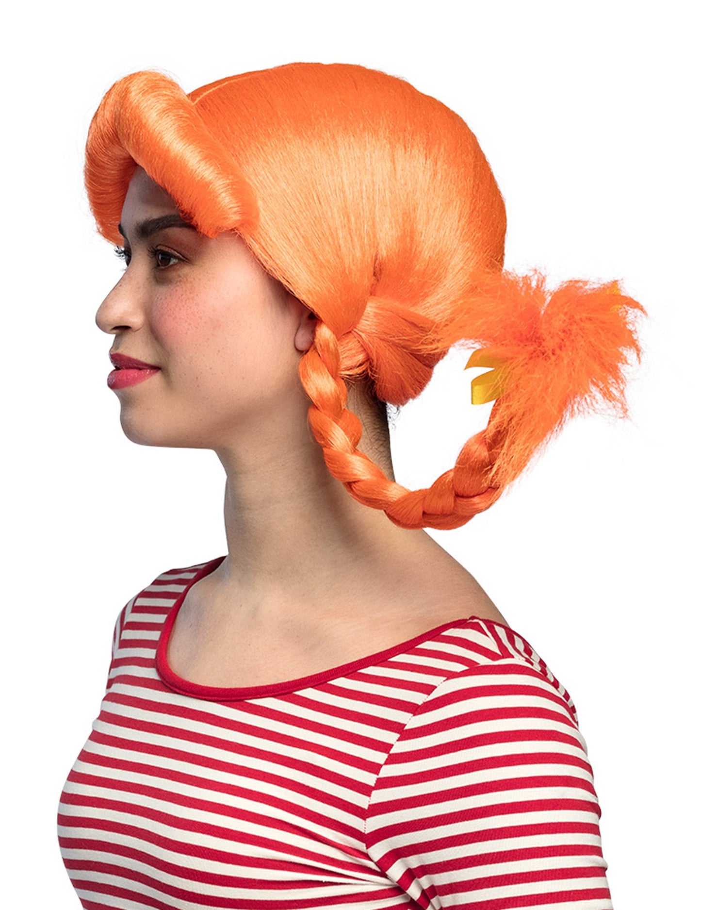 Profilový pohľad na oranžovú parochňu pre ženy