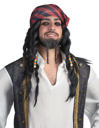 Perruque pirate à tresses pour adulte noire avec bandana rouge et noir et perles colorées