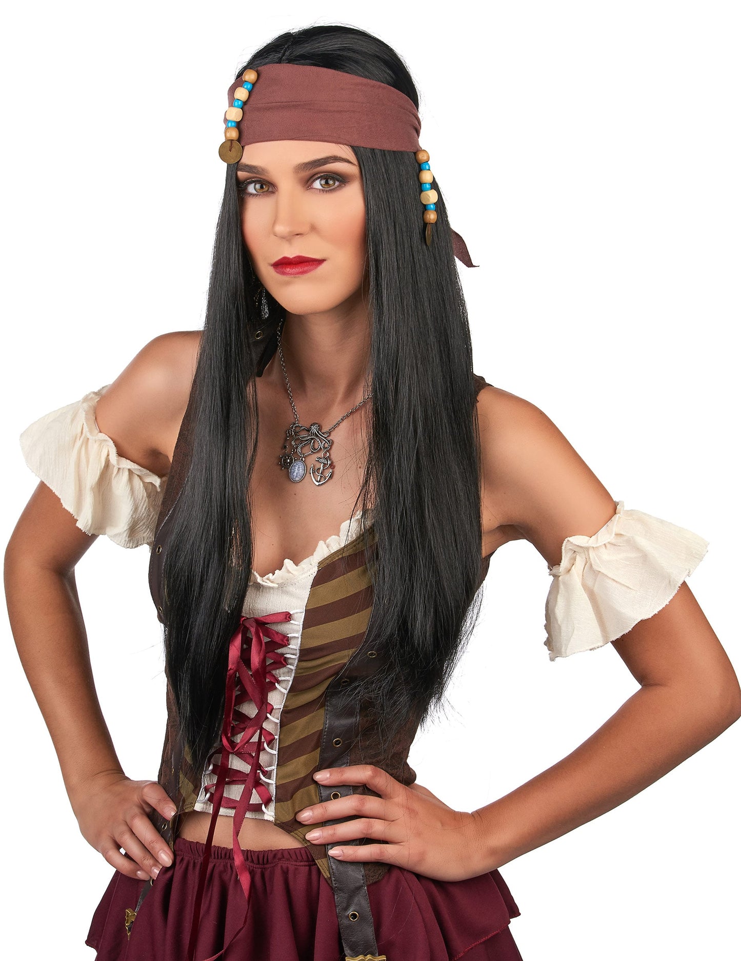 Gros plan sur le bandana et les perles de la perruque pirate pour adulte noire
