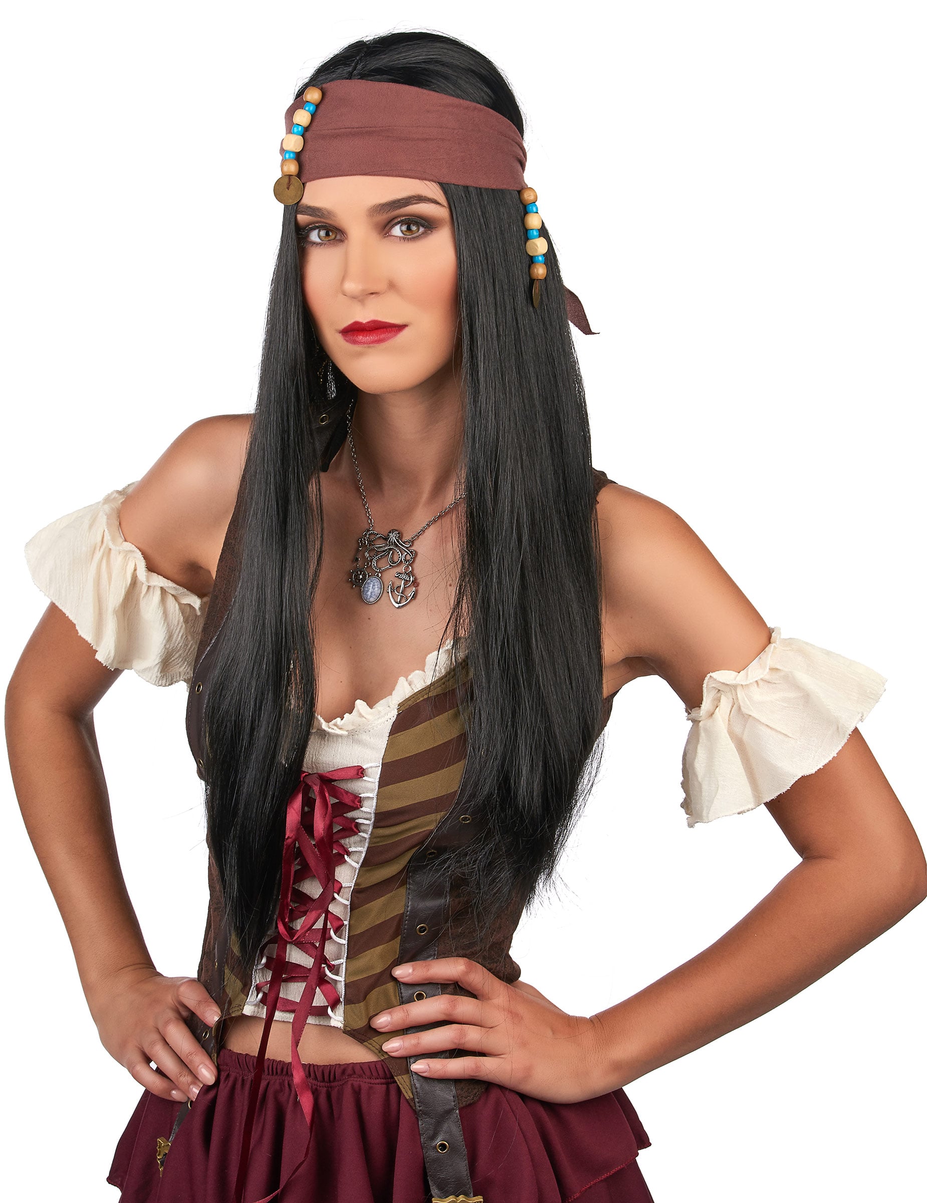 Gros plan sur le bandana et les perles de la perruque pirate pour adulte noire