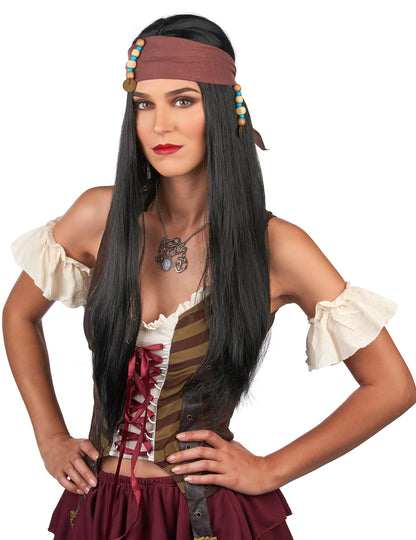 Gros plan sur le bandana et les perles de la perruque pirate pour adulte noire