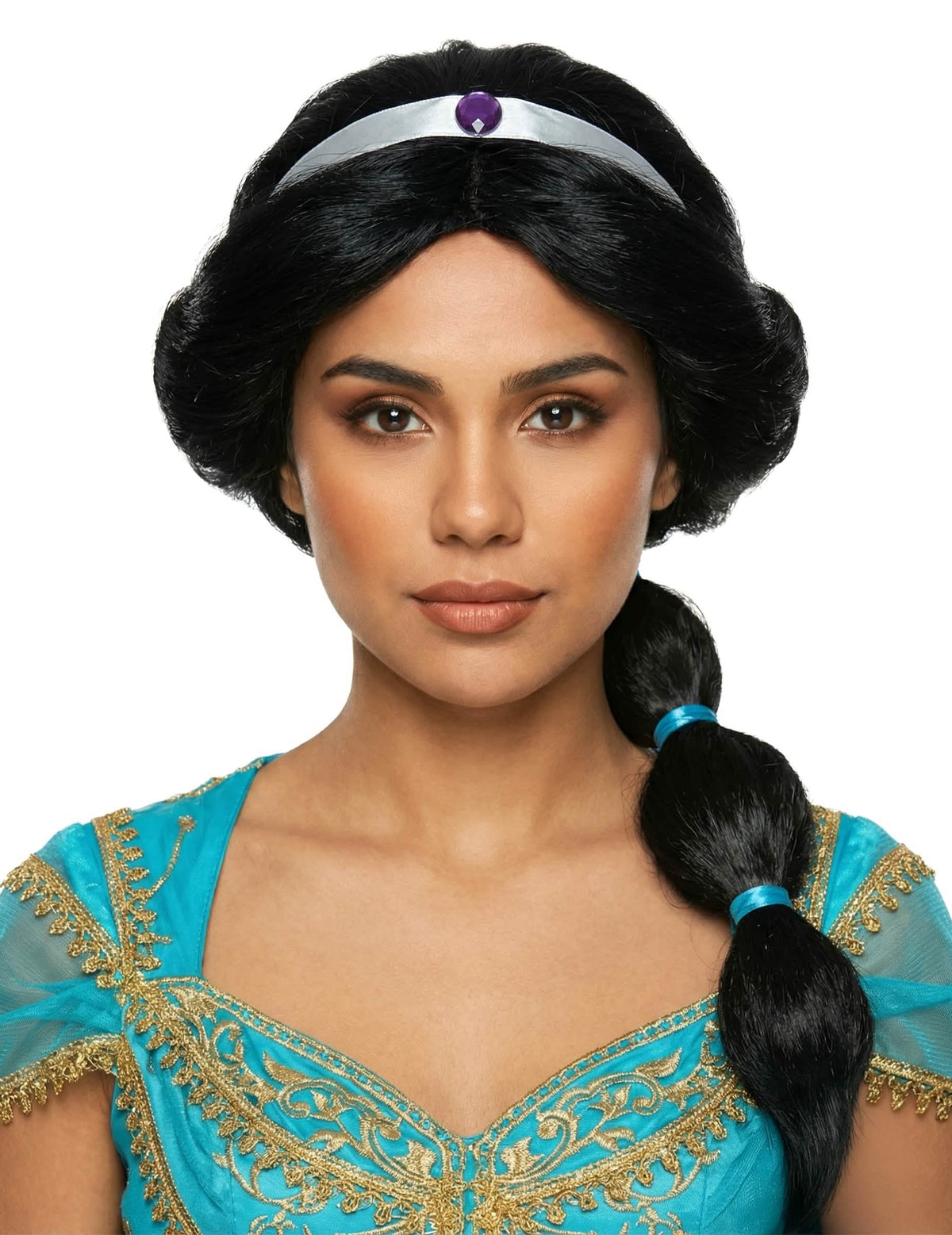 Orientálna princeznovská parochňa pre čiernu ženu s čelenkou a fialovým šperkom