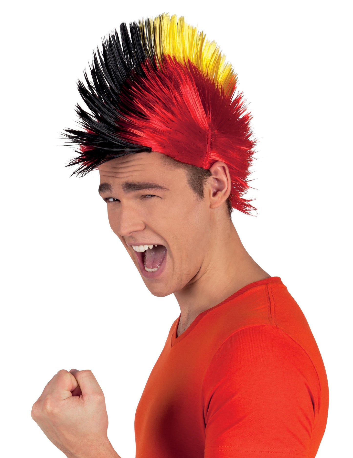 Perruque punk supporter Belgique pour adulte noire jaune et rouge