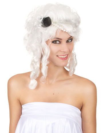 Perruque renaissance pour femme blanche bouclée avec perles et petit nœud noir