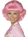 Perruque Grease™ pour femme rose bouclée et volumineuse