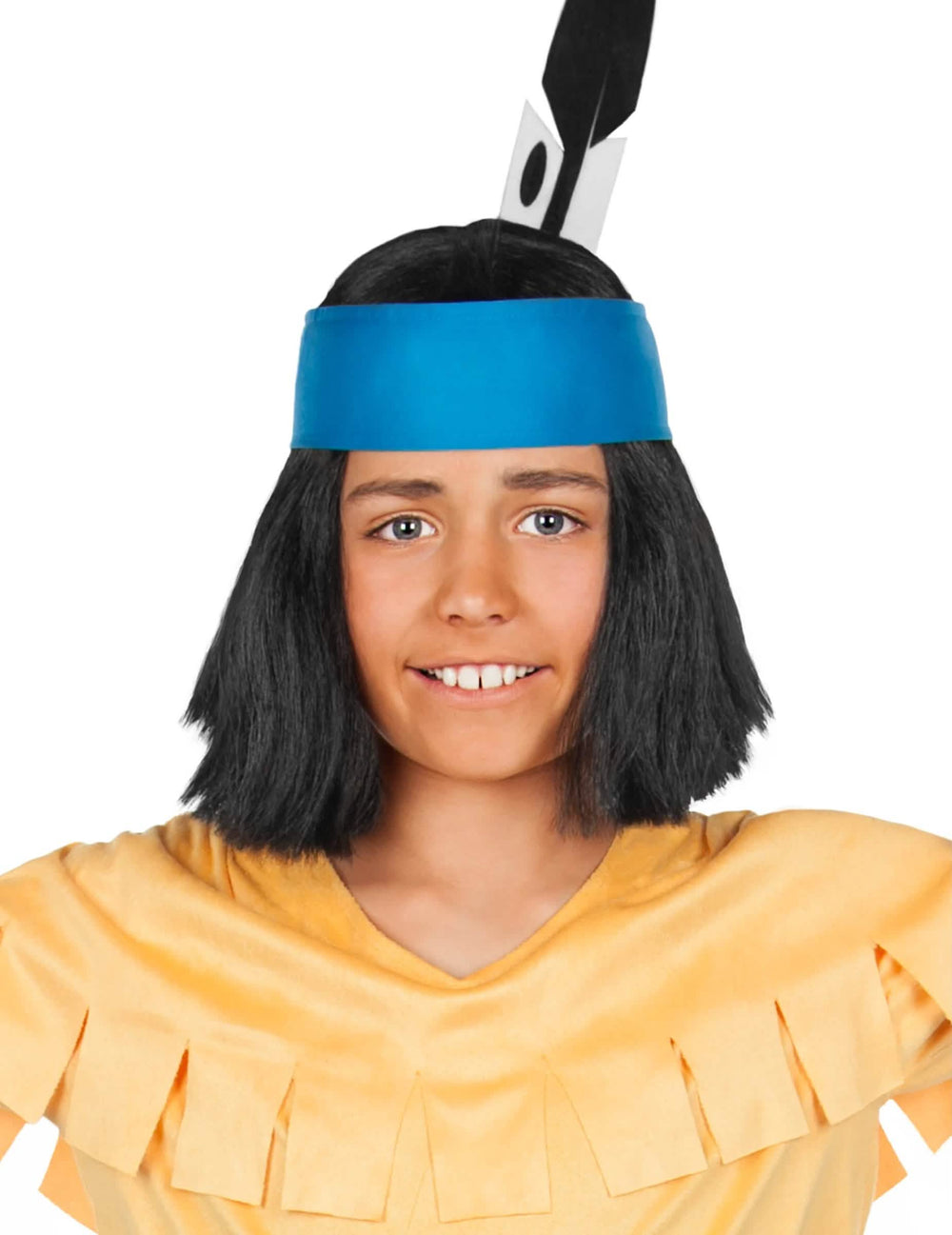 Parochňa Yakari™ pre dieťa čierna s modrá čelenka a perom