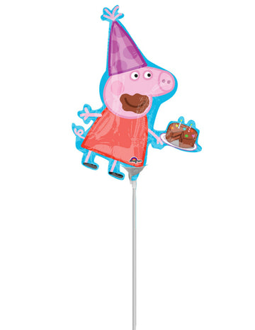 Ballon aluminium Peppa Pig pour enfant rose avec chapeau de fête et gâteau au chocolat