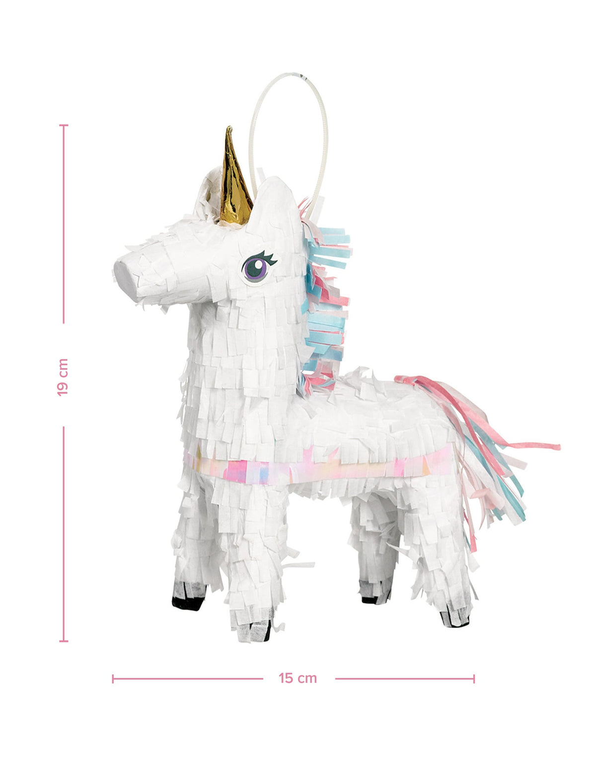 Détail des dimensions de la petite piñata décorative licorne magique
