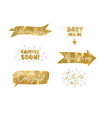 6-dielna sada na fotenie na oslavu bábätka v bielej a zlatej farbe, párty doplnky