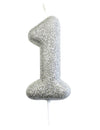 Bougie sur pique chiffre 1 pour gâteau argent pailleté