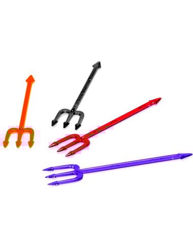 Tridentové špajdle na jednohubky na aperitív v mnohých farbách: oranžová, čierna, červená a fialová