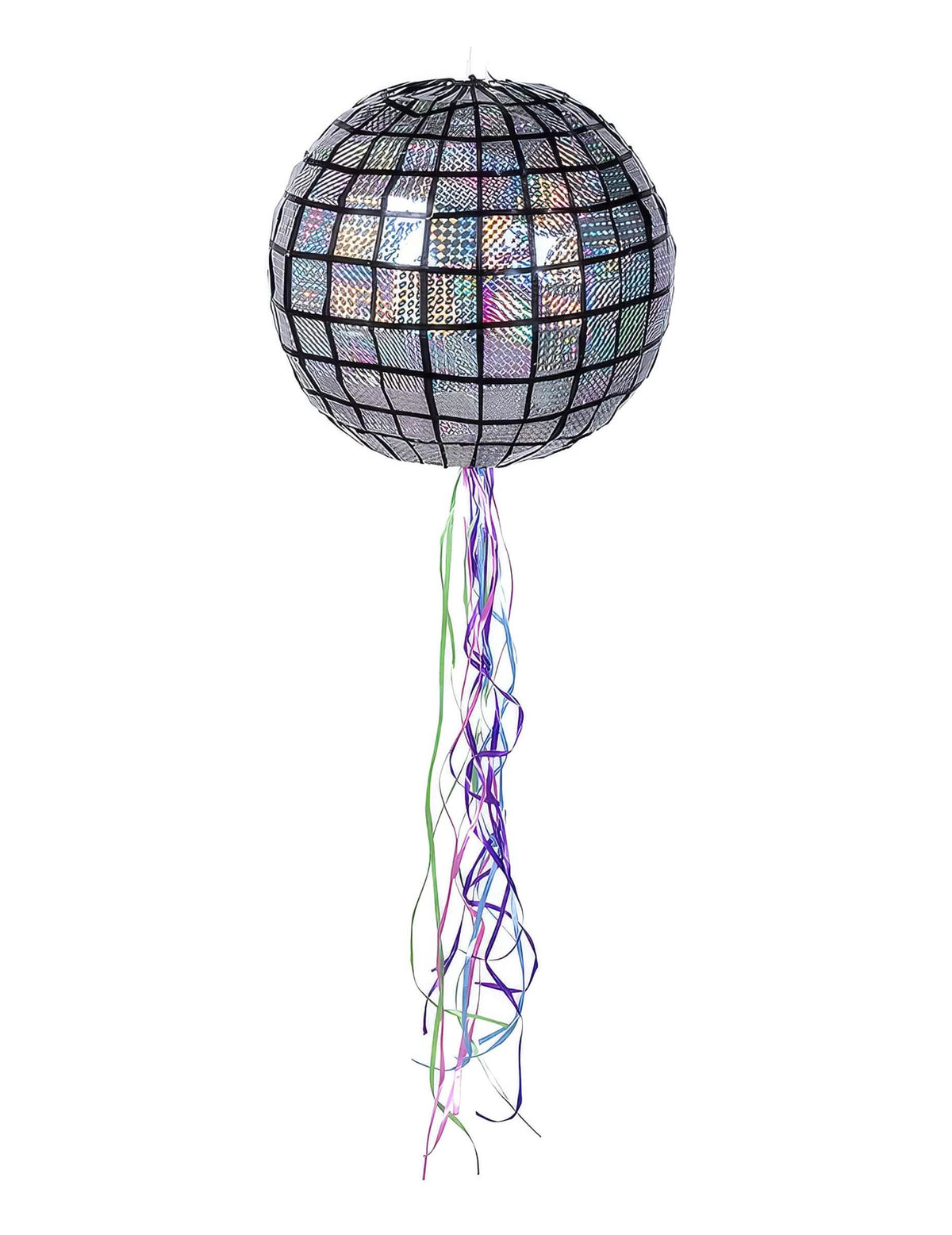 Diskopiñata v tvare gule s lesklým strieborným povrchom a farebnými stužkami