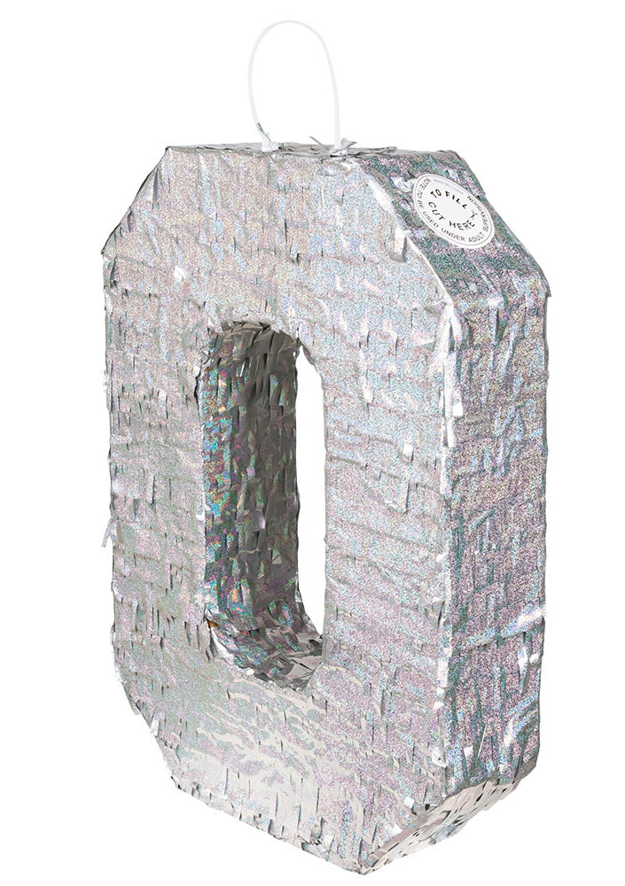 Strieborná holografická piñata, číslo 0, 40 x 28 x 8 cm na párty