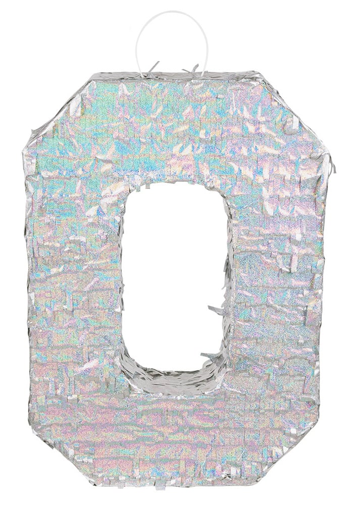 Vue de face de la piñata chiffre 0 pour fête holographique argent
