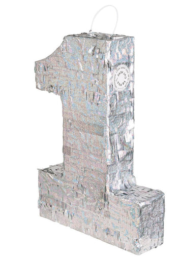 Strieborná holografická piñata, číslo 1, 40 x 28 x 8 cm slávnostný