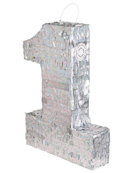 Strieborná holografická piñata, číslo 1, 40 x 28 x 8 cm slávnostný