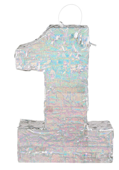 Strieborná holografická piñata, číslo 1, 40 x 28 x 8 cm slávnostný
