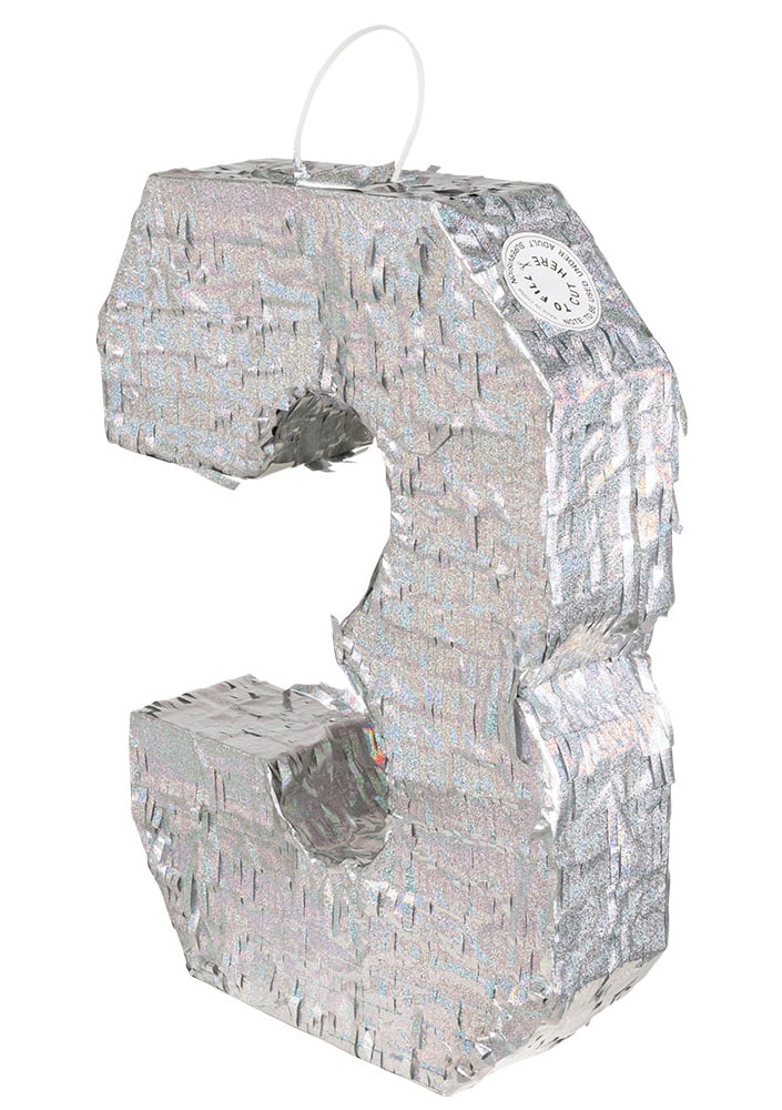 Piñata chiffre 3 pour anniversaire holographique argent