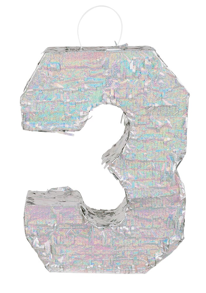 Vue de face de la piñata chiffre 3 pour anniversaire holographique argent