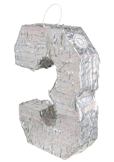 Piñata chiffre 3 pour anniversaire holographique argent