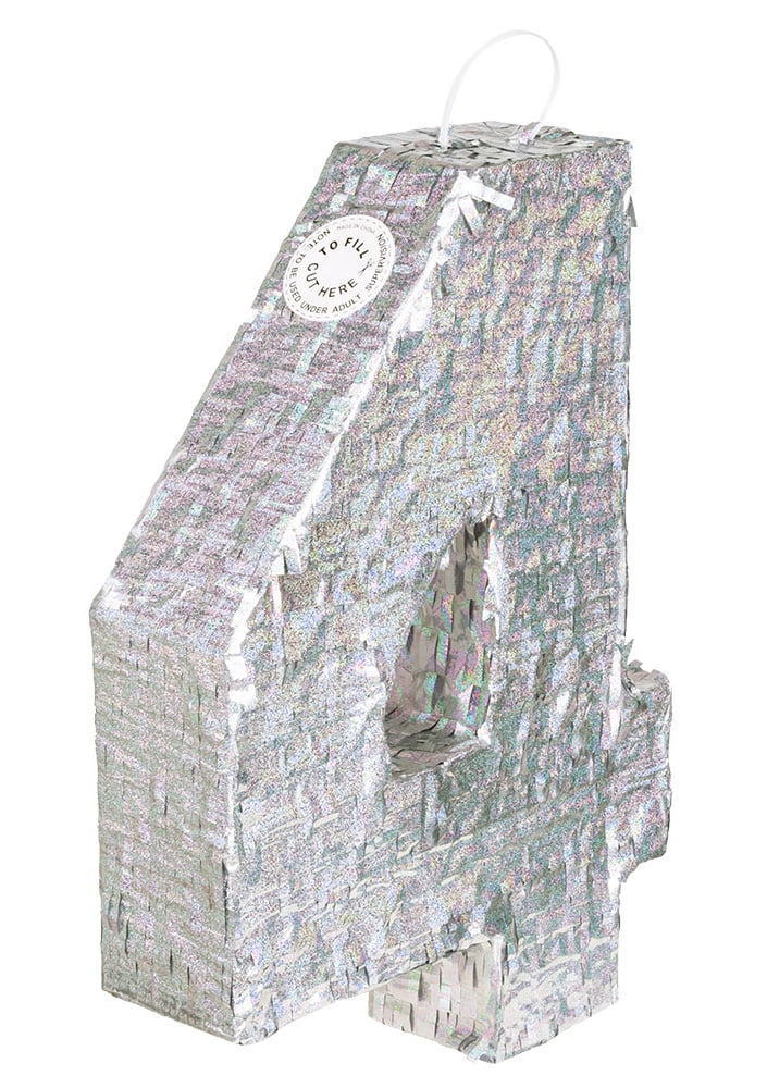 Piñata chiffre 4 pour fête argent holographique
