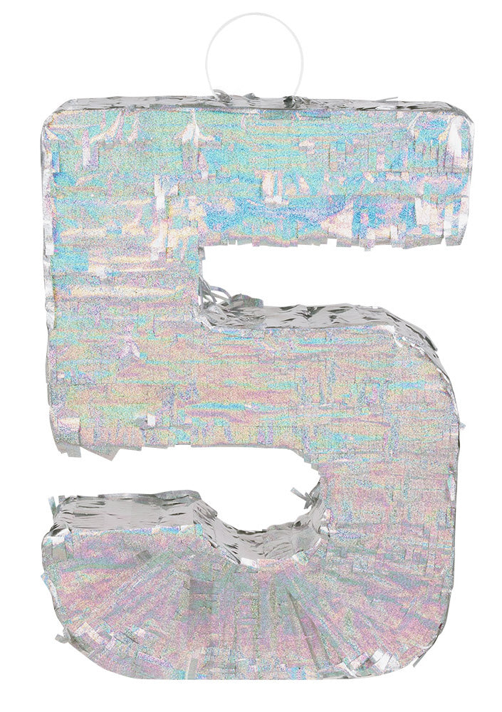 Strieborná holografická piñata, číslo 5, 40 x 28 x 8 cm na narodeniny