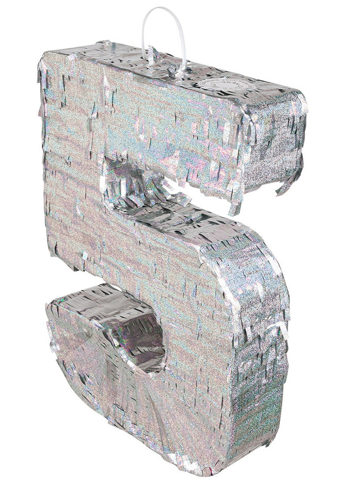 Strieborná holografická piñata, číslo 5, 40 x 28 x 8 cm na narodeniny