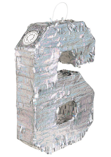 Strieborná holografická piñata, číslo 6, 40 x 28 x 8 cm naplniť