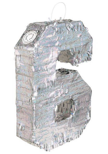 Strieborná holografická piñata, číslo 6, 40 x 28 x 8 cm naplniť