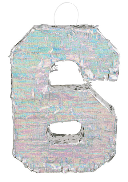 Strieborná holografická piñata, číslo 6, 40 x 28 x 8 cm naplniť