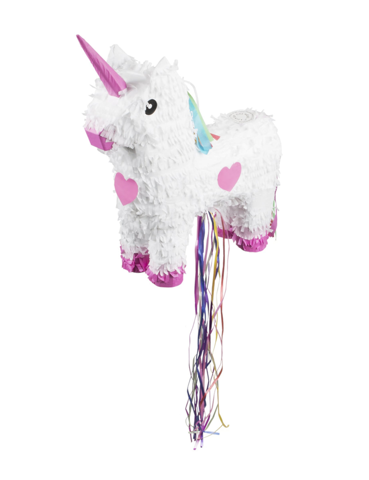 Pinata licorne pour enfant blanche et rose avec rubans multicolores