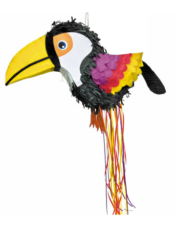 Piñata tropicale toucan pour fête noire avec bec jaune et plumes multicolores