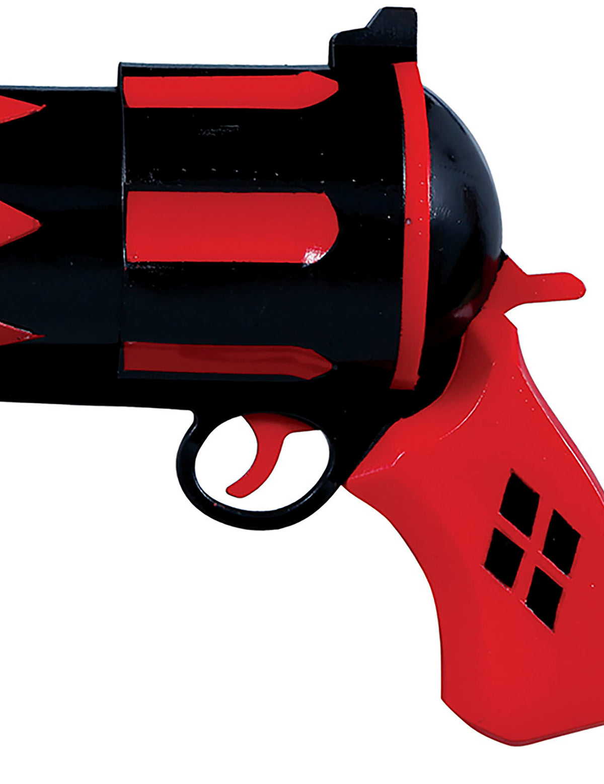 Gros plan sur la poignée à motifs losanges du pistolet Arlequine