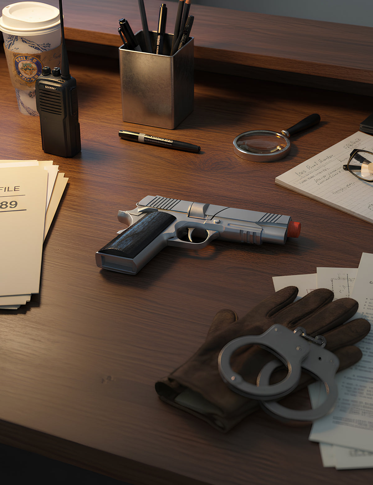 Mise en situation avec accessoires du pistolet de police